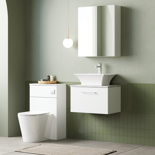 Fairford Aspri 2 600mm Gloss White Wall Hung Vanity Unit, Laminate Marble Worktop