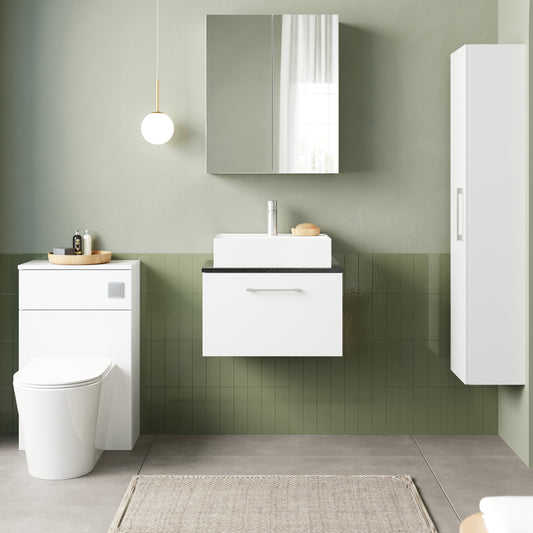 Fairford Aspri 2 600mm Gloss White Wall Hung Vanity Unit, Laminate Black Worktop