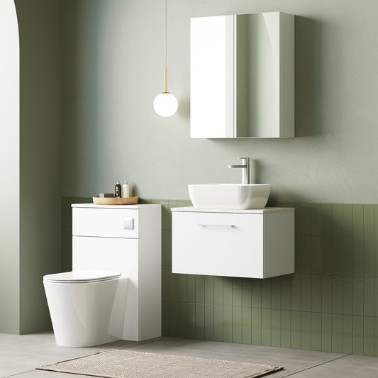 Fairford Aspri 2 600mm Gloss White Wall Hung Vanity Unit, Laminate White Worktop