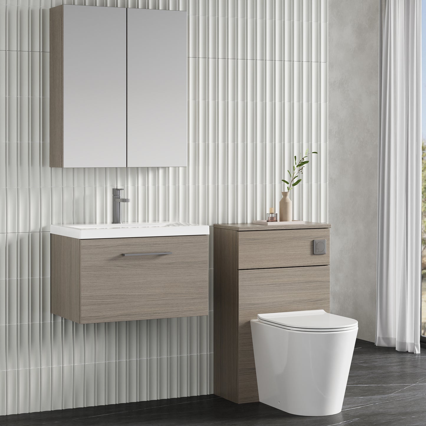 Fairford Aspri 2 600mm Solace Oak Wall Hung Vanity Unit, 40mm Basin