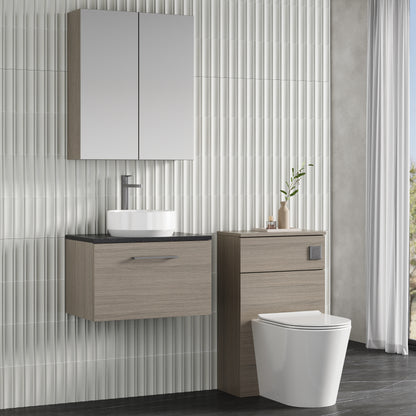 Fairford Aspri 2 600mm Solace Oak Wall Hung Vanity Unit, Laminate Black Worktop