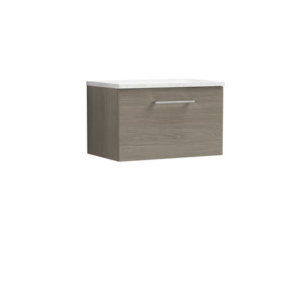 Fairford Aspri 2 600mm Solace Oak Wall Hung Vanity Unit, Laminate White Worktop