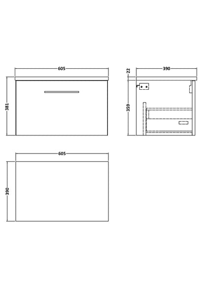 Fairford Aspri 2 600mm Solace Oak Wall Hung Vanity Unit, Laminate White Worktop