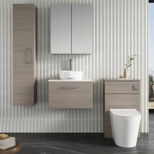 Fairford Aspri 2 600mm Solace Oak Wall Hung Vanity Unit, Laminate White Worktop