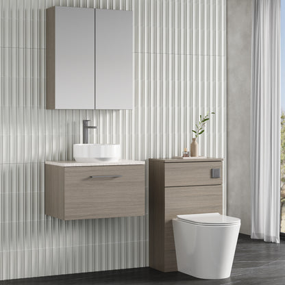Fairford Aspri 2 600mm Solace Oak Wall Hung Vanity Unit, Laminate White Worktop