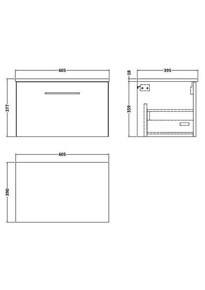 Fairford Aspri 2 600mm Solace Oak Wall Hung Vanity Unit, MDF Solace Oak Worktop