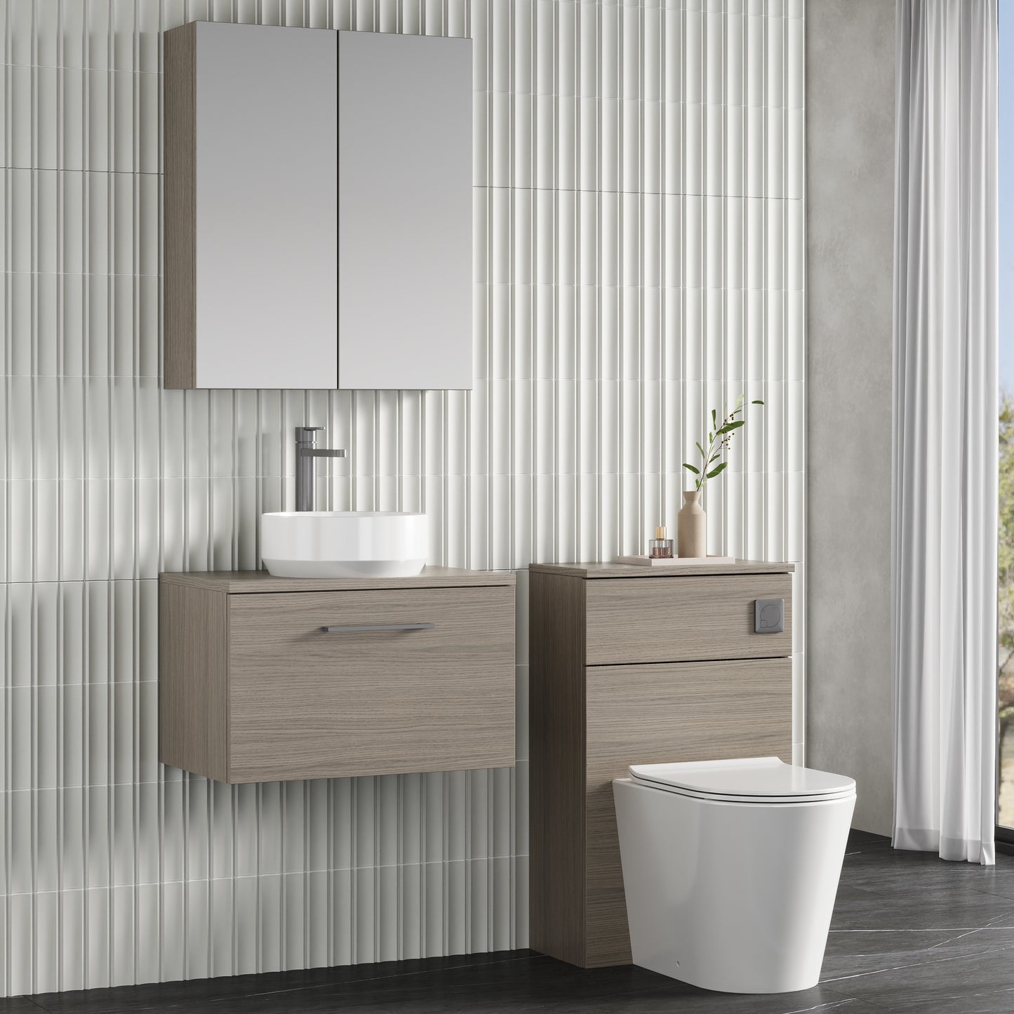 Fairford Aspri 2 600mm Solace Oak Wall Hung Vanity Unit, MDF Solace Oak Worktop