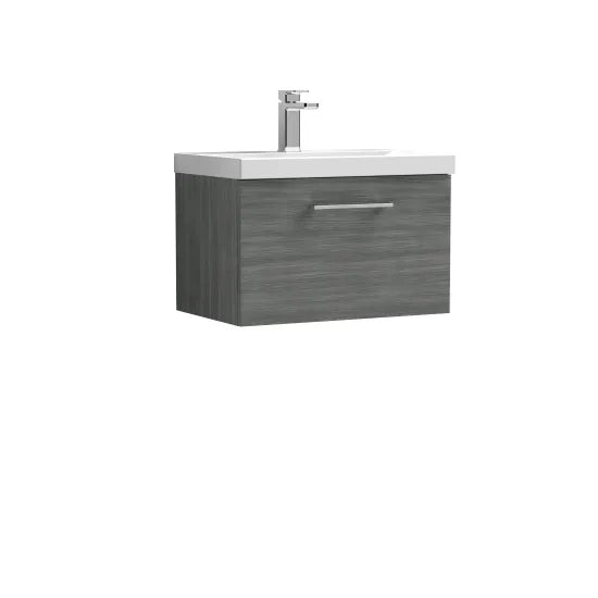 Fairford Aspri Grey Woodgrain 600mm 1 Drawer Wall Hung Vanity Unit