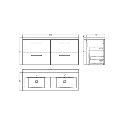 Fairford Aspri Grey Woodgrain 1200mm 4 Drawer Wall Hung Vanity Unit