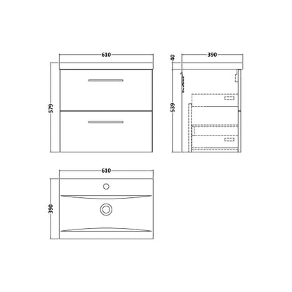 Fairford Aspri 600mm Charcoal Black 2-Drawer Wall Hung Vanity Unit