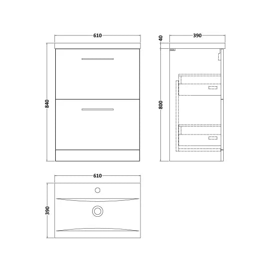 Fairford Aspri 600mm Charcoal Black 2-Drawer Floorstanding Vanity Un