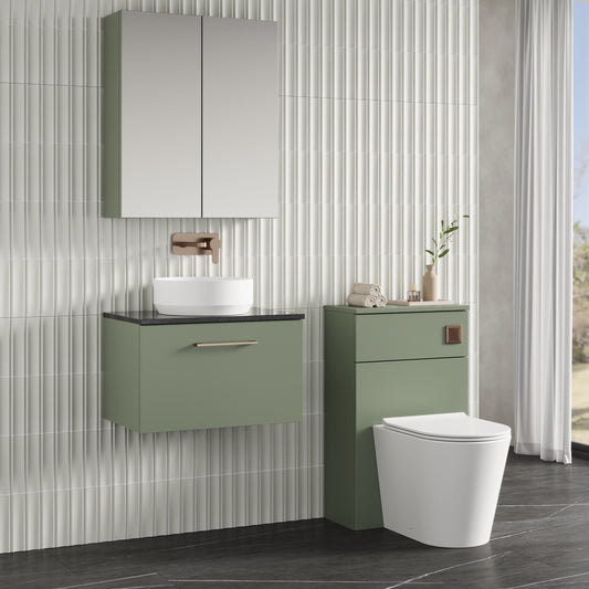 Fairford Aspri 2 600mm Satin Green Wall Hung Vanity Unit, Laminate Black Worktop