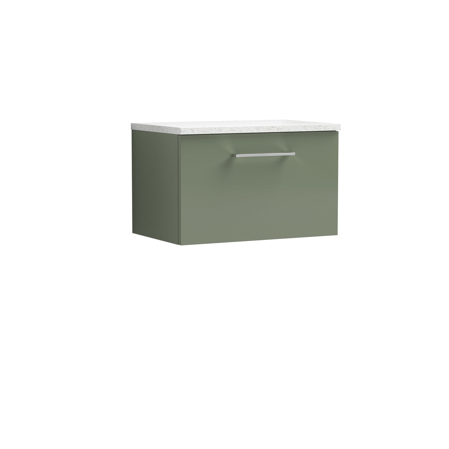 Fairford Aspri 2 600mm Satin Green Wall Hung Vanity Unit, Laminate White Worktop