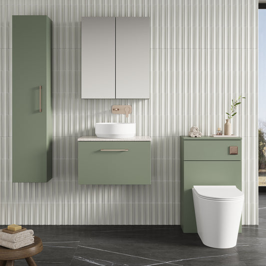 Fairford Aspri 2 600mm Satin Green Wall Hung Vanity Unit, Laminate White Worktop