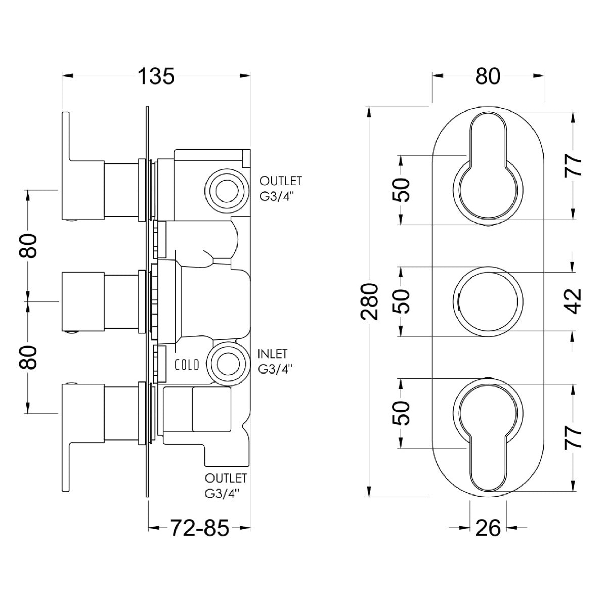 Fairford Element 10 Matt Black Round Concealed Triple Shower Valve with Diverter, 3 Outlet