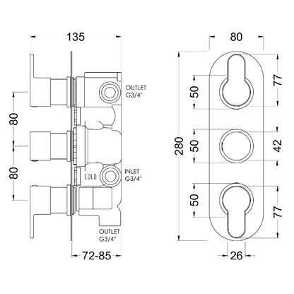 Fairford Element 10 Matt Black Round Concealed Triple Shower Valve with Diverter, 3 Outlet