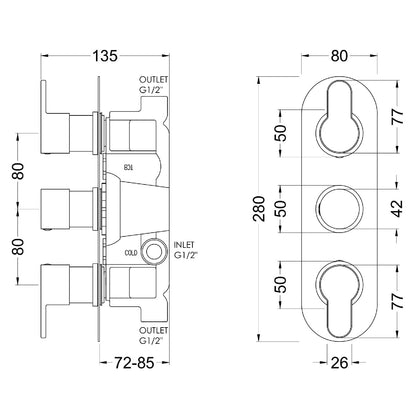 Fairford Element 10 Brushed Gun Metal Round Concealed Triple Shower Valve, 2 Outlet