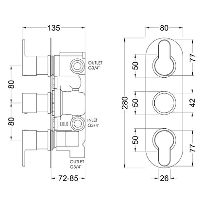 Fairford Element 10 Brushed Gun Metal Round Concealed Triple Shower Valve with Diverter, 3 Outlet