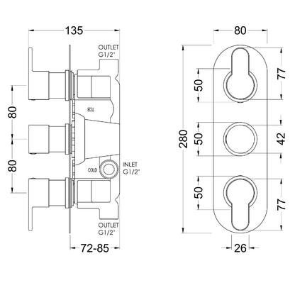 Fairford Element 10 Brushed Brass Round Concealed Triple Shower Valve, 2 Outlet