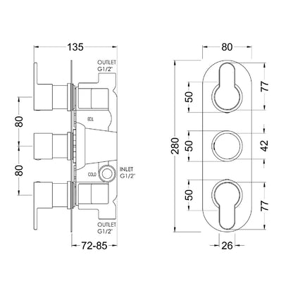 Fairford Element 10 Chrome Round Concealed Triple Shower Valve, 2 Outlet
