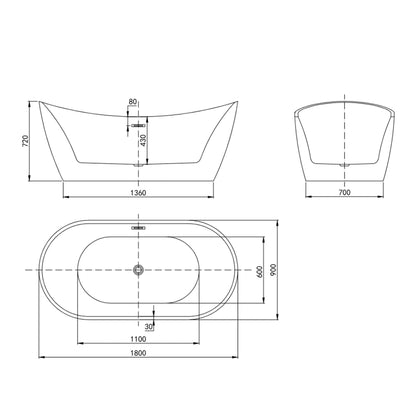 Rivato Assisi 1800mm x 900mm x 720mm Gloss White Freestanding Shower Bath