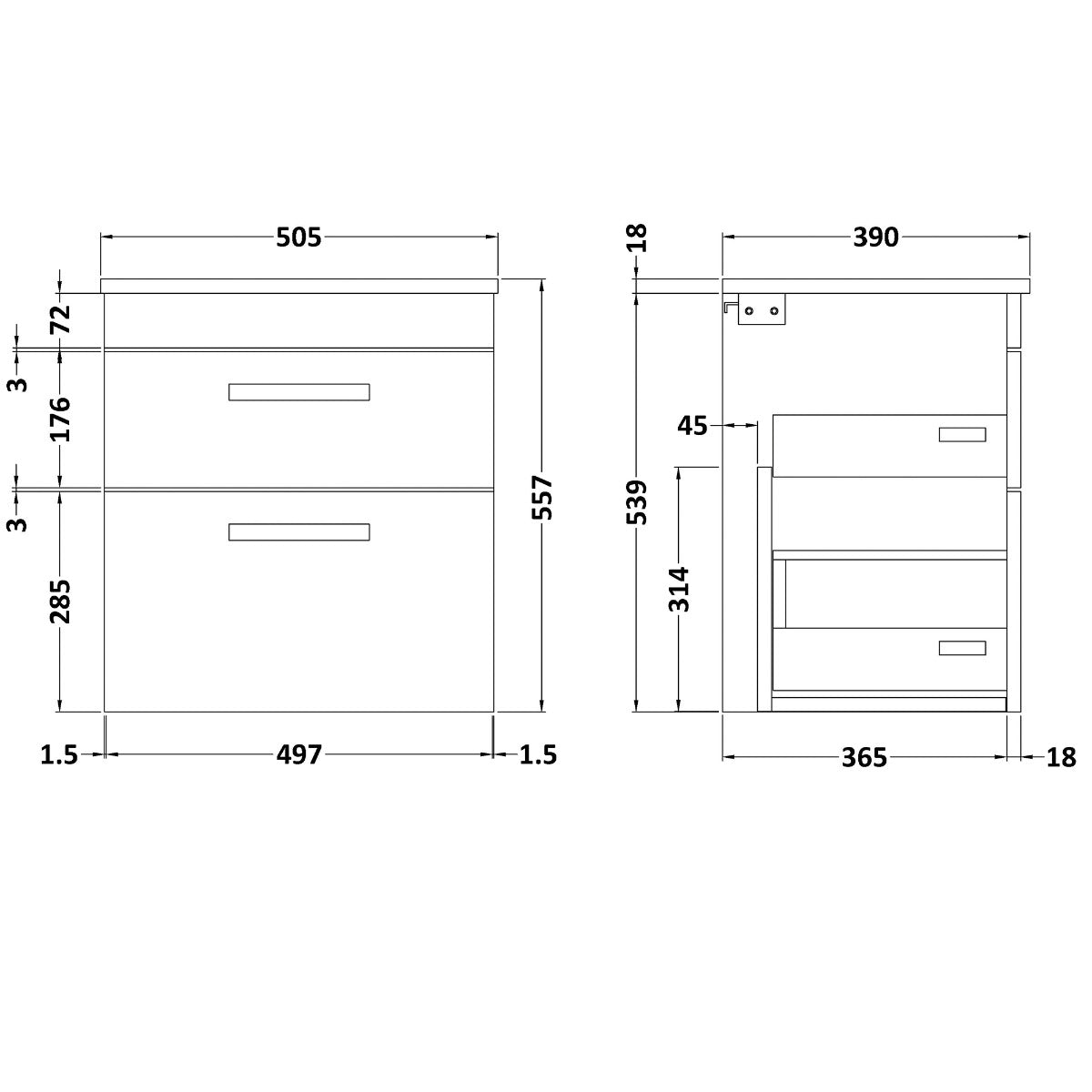 Fairford Carnation 500mm Natural Oak Wall Hung 2 Drawer Vanity Unit, with Worktop