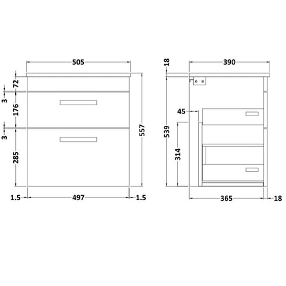 Fairford Carnation 500mm Natural Oak Wall Hung 2 Drawer Vanity Unit, with Worktop