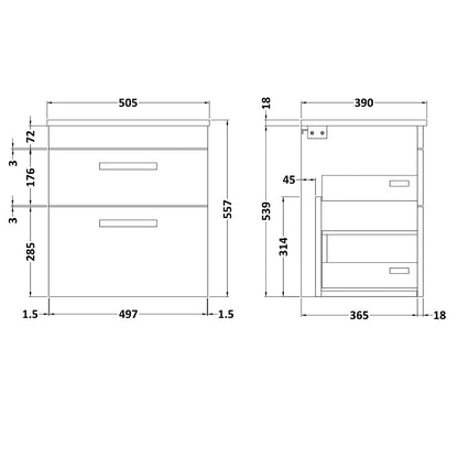 Fairford Carnation 500mm Gloss White Wall Hung 2 Drawer Vanity Unit, with Worktop