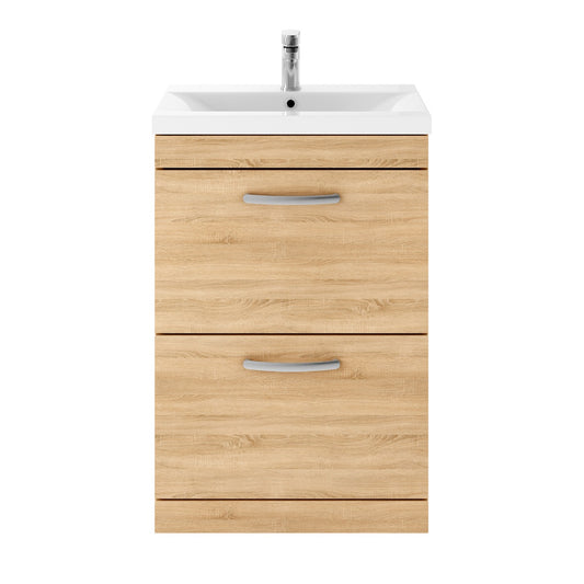 Fairford Carnation 600mm Natural Oak Floor Standing 2 Drawer Vanity Unit, with Basin