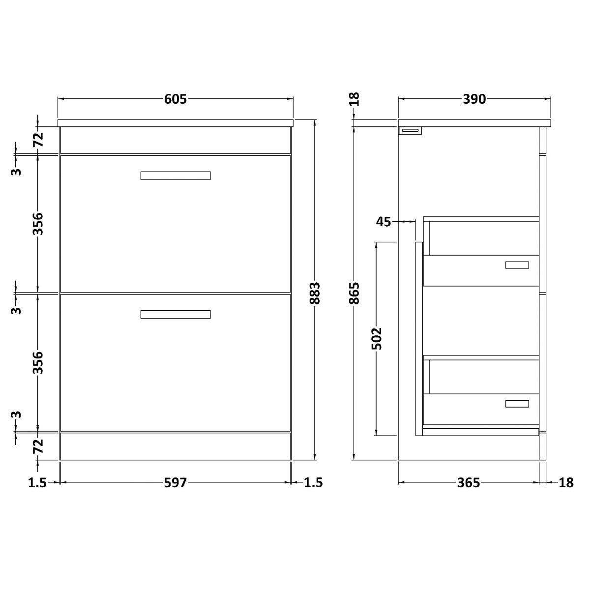 Fairford Carnation 600mm Gloss White Floor Standing 2 Drawer Vanity Unit, with Worktop