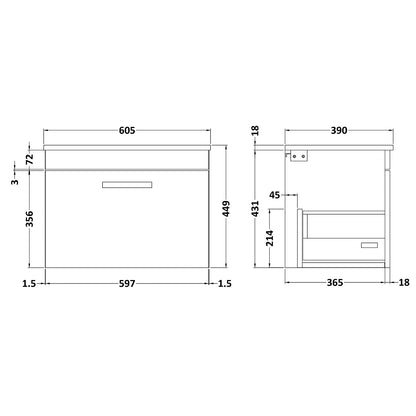Fairford Carnation 600mm Grey Avola Wall Hung 1 Drawer Vanity Unit, with Worktop