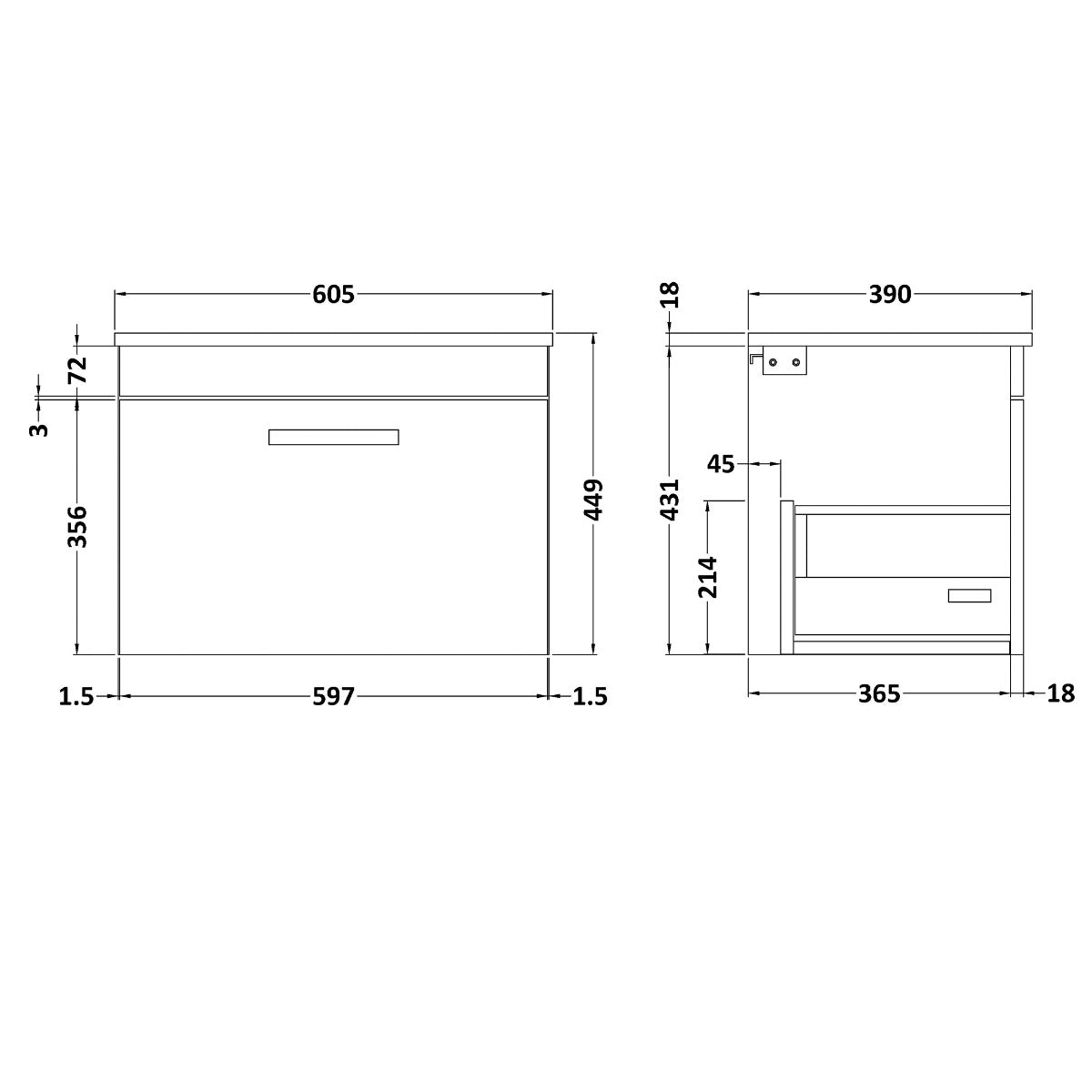 Fairford Carnation 600mm Gloss White Wall Hung 1 Drawer Vanity Unit, with Worktop