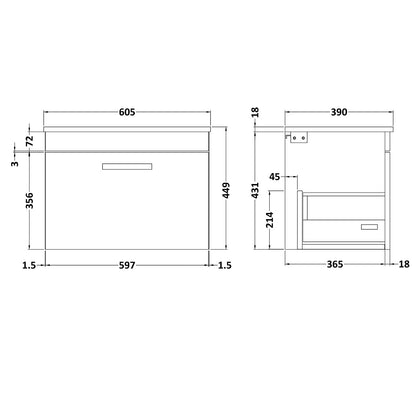 Fairford Carnation 600mm Gloss White Wall Hung 1 Drawer Vanity Unit, with Worktop