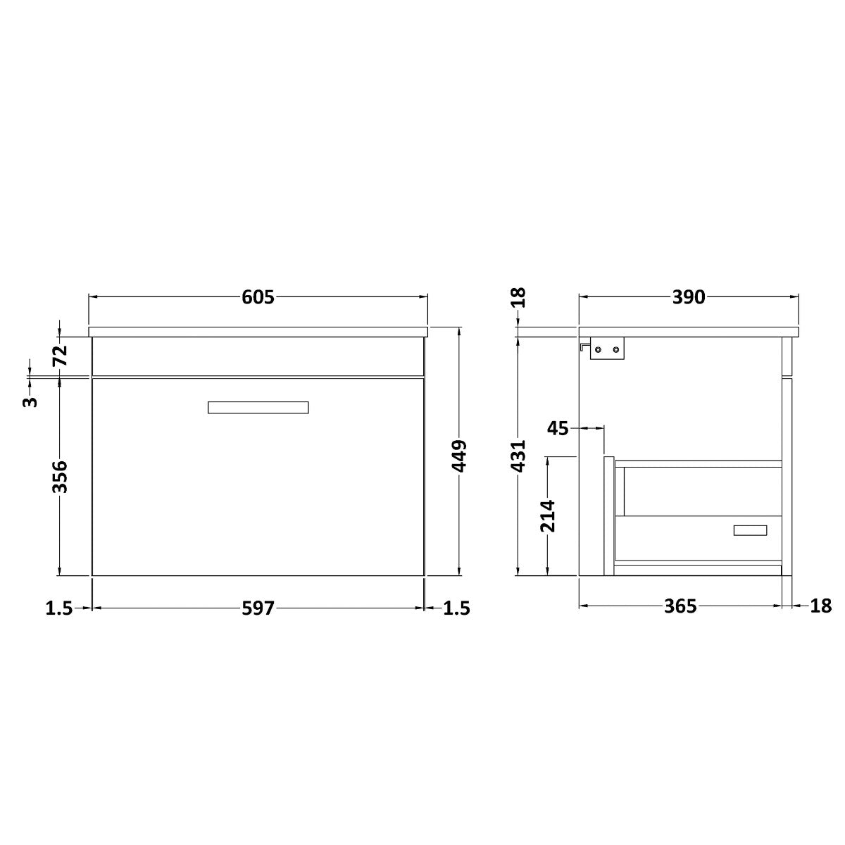 Fairford Carnation 600mm Gloss Grey Wall Hung 1 Drawer Vanity Unit, with Worktop