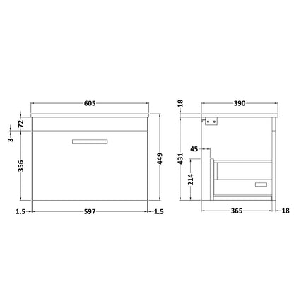 Fairford Carnation 600mm Gloss Grey Wall Hung 1 Drawer Vanity Unit, with Worktop