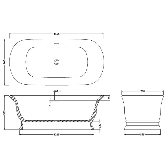 Fairford Bampton 1555 x 740 x 555mm Matt Solid Surface Freestanding Bath