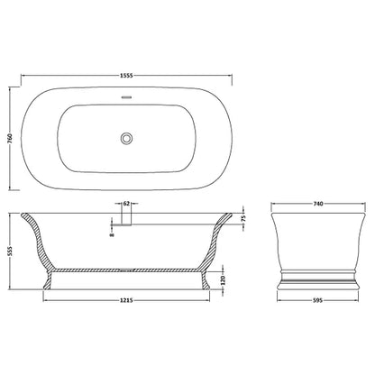 Fairford Bampton 1555 x 740 x 555mm Matt Solid Surface Freestanding Bath