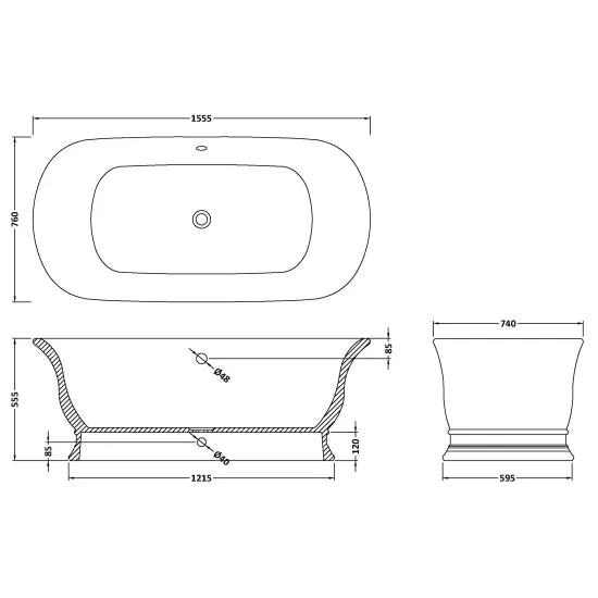 Fairford Bampton 1555 x 740 x 555mm Polished Solid Surface Freestanding Bath