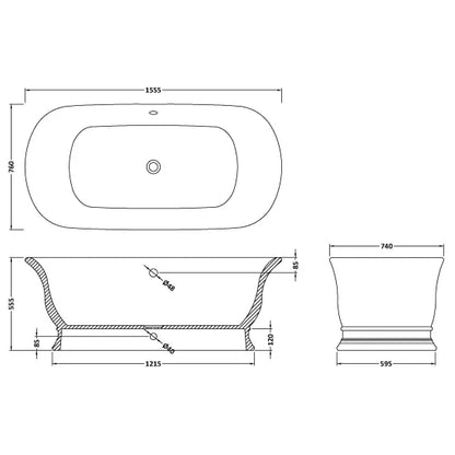 Fairford Bampton 1555 x 740 x 555mm Polished Solid Surface Freestanding Bath