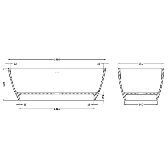 Fairford Vive 1610 x 750 x 530mm Matt Solid Surface Freestanding Bath