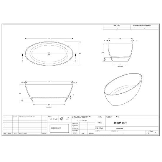 Fairford Esseta 1510 x 760 x 555mm Matt Solid Surface Freestanding Bath