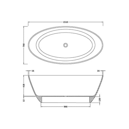 Fairford Esseta 1510 x 760 x 555mm Polished Solid Surface Freestanding Bath