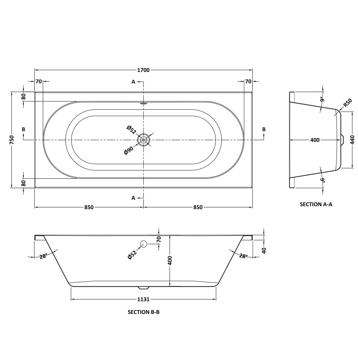 Fairford Ordo Pro Reinforced 1700 x 750mm Double Ended Straight Bath
