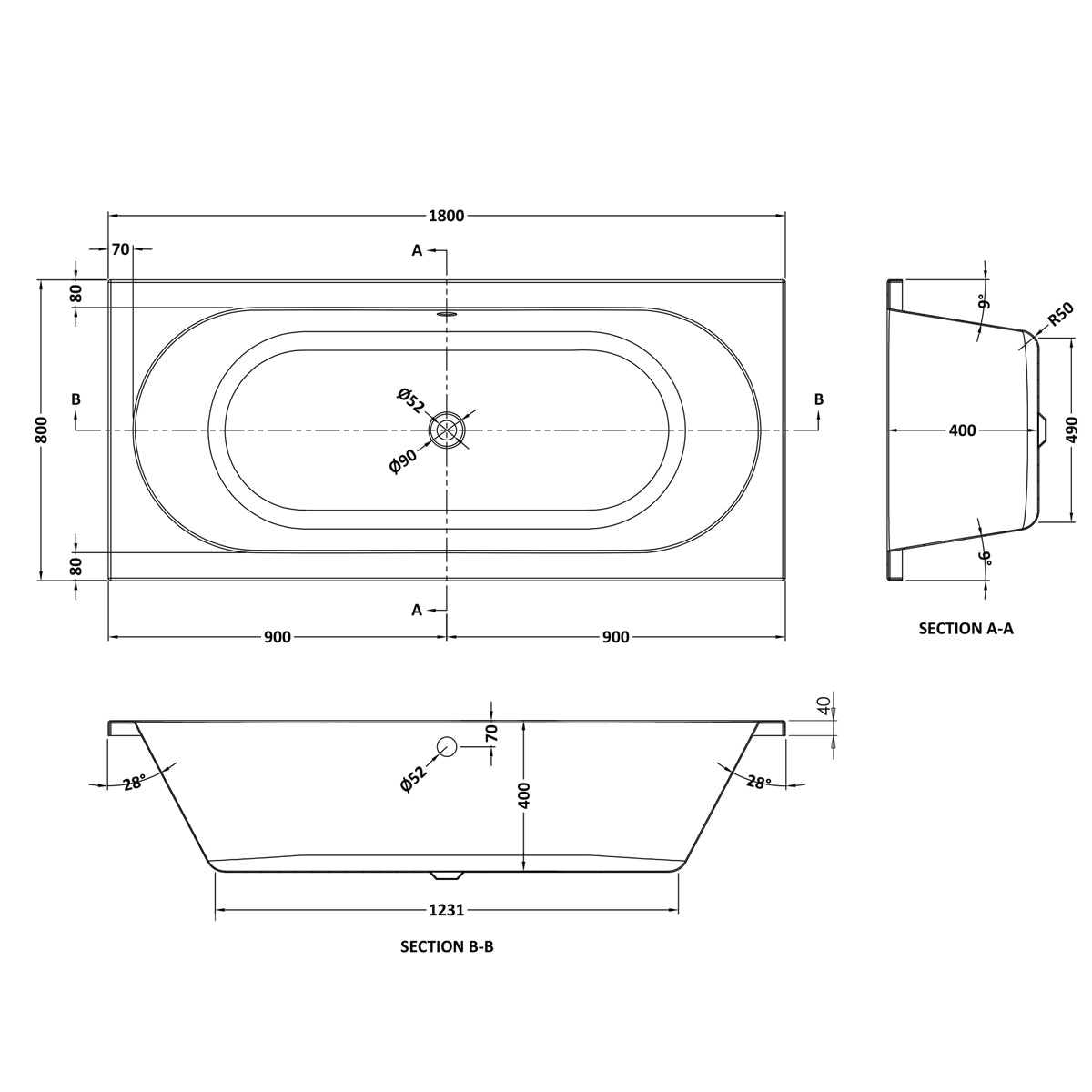 Fairford Ordo Pro Reinforced 1800 x 800mm Double Ended Straight Bath