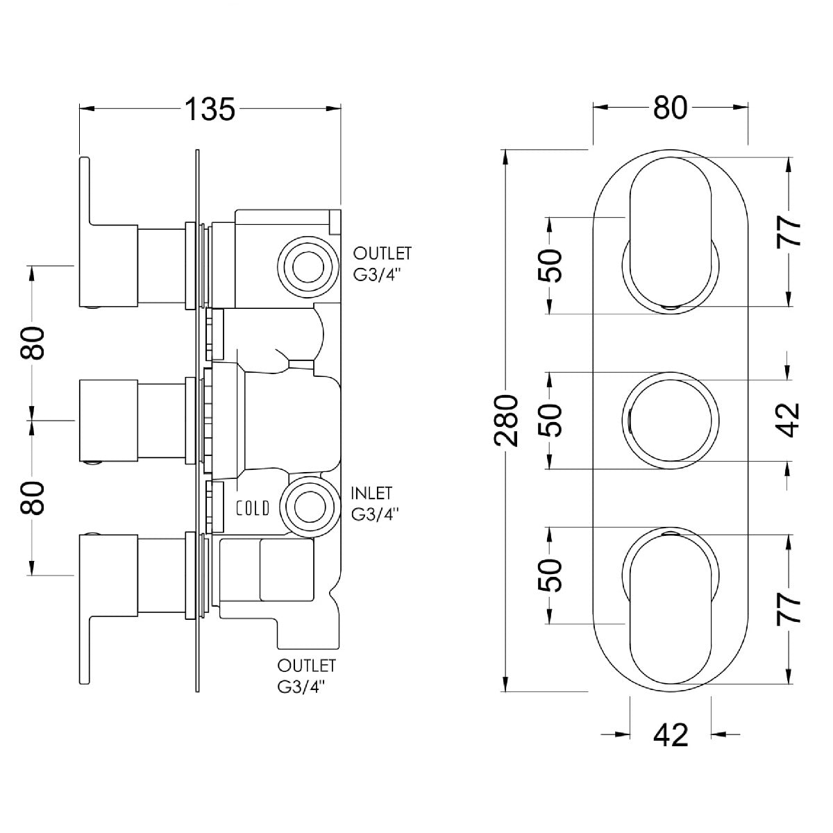 Fairford Element 10 Pure Chrome Round Concealed Triple Shower Valve with Diverter, 3 Outlet