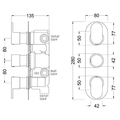 Fairford Element 10 Pure Chrome Round Concealed Triple Shower Valve with Diverter, 3 Outlet