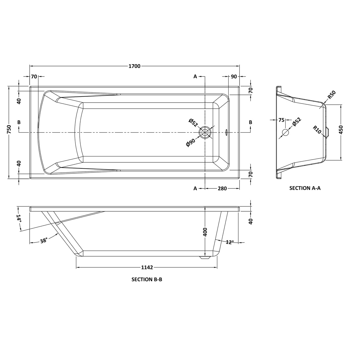 Fairford Dunsford Pro Reinforced 1700 x 750mm Single Ended Straight Bath