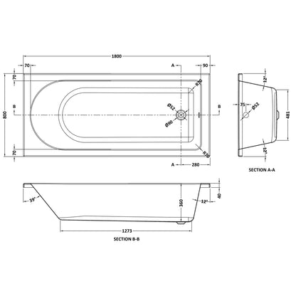 Fairford Novus Pro Reinforced 1800 x 800mm Single Ended Straight Bath