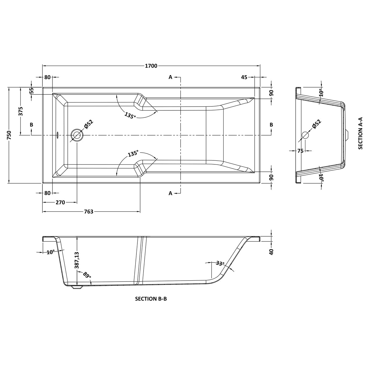 Fairford Pro Reinforced 1700 x 750mm Straight Shower Bath