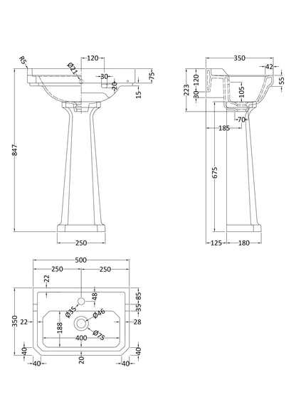 Fairford Hexam 500mm 1TH Basin and Full Pedestal